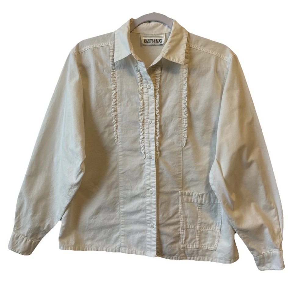 Vtg Casey‎ & Max Cream Ruffle Neck Button Up Long Sleeve Shirt 10 Cottage Boho